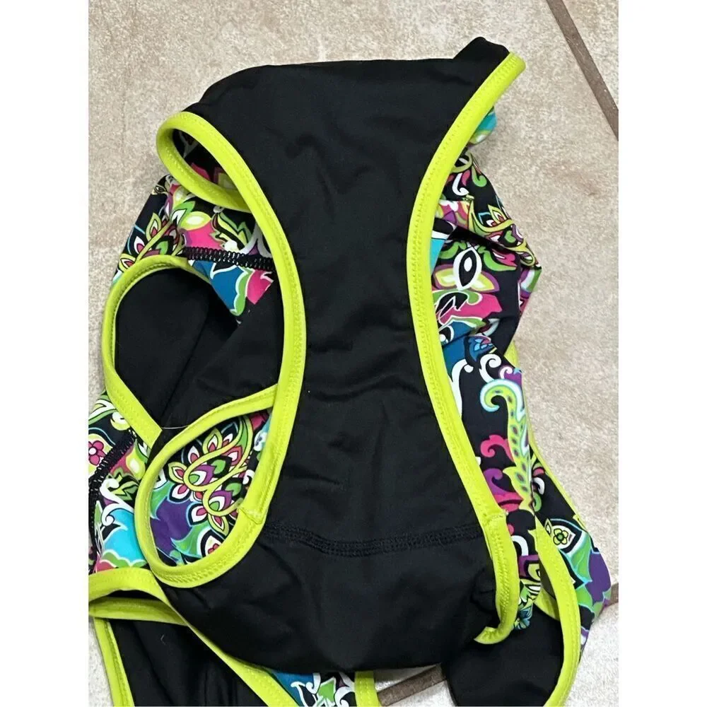 Athleta One Piece Swimsuit Size 12 Black Multicolor Floral Paisley Athletic Swim